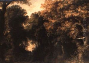 A Woodland Scene With Traveller Walking Near A River A Woodland Scene With Traveller Walking Near A River