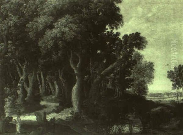 Waldlandschaft Mit Zwei Sich Unterhaltenden Mannern - view 1