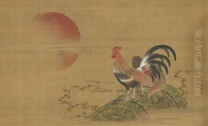 Hahn Und Henne Auf Einer Beschwerdetrommel, Die Von Efeu Umwachsen Ist, Und Grose, Aufgehende, Rote Sonne by Itaya Keishu