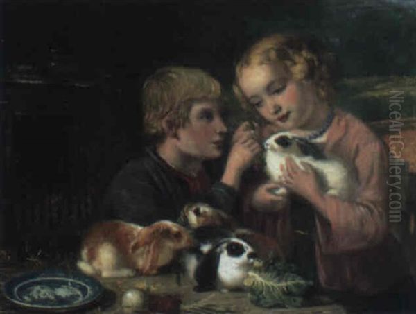Zwei Kinder Mit Kaninchen - view 1
