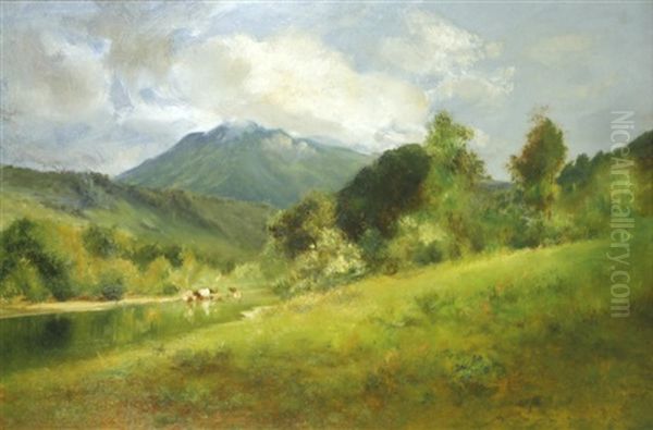 Cows Wattering With Mountains Beyond - view 1
