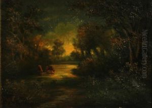 Cows Watering At Sunset by William Keith