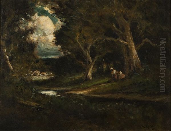 Figures, Stream And Cottages In A Wooded Glade - view 1