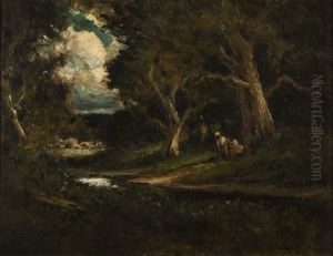 Figures, Stream And Cottages In A Wooded Glade by William Keith