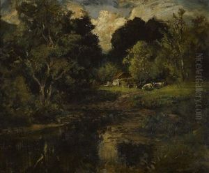 Landscape With Trees, Pond And Cottage by William Keith