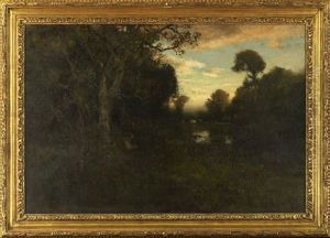 Figures And Sheep Resting In A Forest Clearing by William Keith