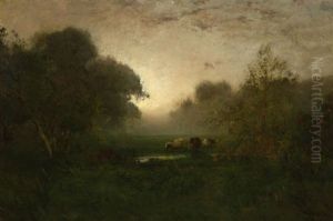 Dawn, Cows Watering In A Barbizon Landscape Dawn, Cows Watering In A Barbizon Landscape