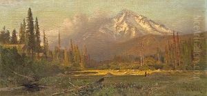 Cabin Hideaway Near A Sunlit Clearing With A Mountain In The Distance (mt. Shasta?)