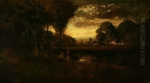 Two Figures Picnicking Near A Pond