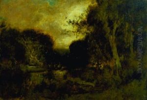 Figures Along A Wooded Stream by William Keith