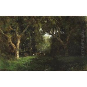 Cows In A Forest Clearing by William Keith
