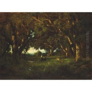 Figures In A Forest Clearing At Dusk