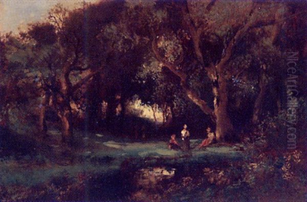 Figures In Oak Glade Landscape - view 1