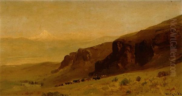A Cowboy Herding Cattle With Mount Hood In The Distance - view 1