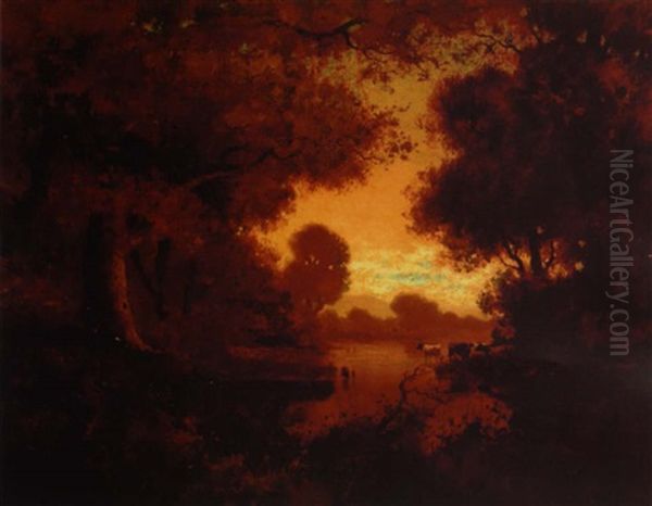 A Wooded Landscape With Cattle Watering At A Lake - view 1