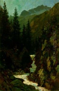 A White Water Stream In A Mountain Landscape by William Keith