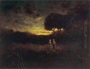 Two Figures In A Landscape At Sunset by William Keith