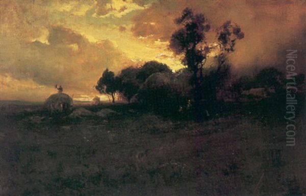 Gathering Hay At Sunset - view 1