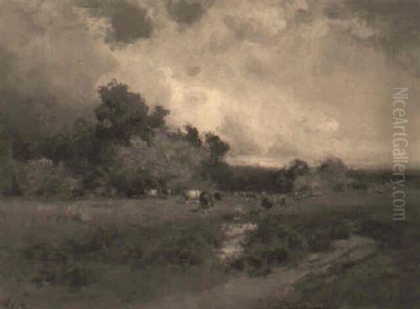 Cloudy Day With Cows By The Watering Hole - view 1