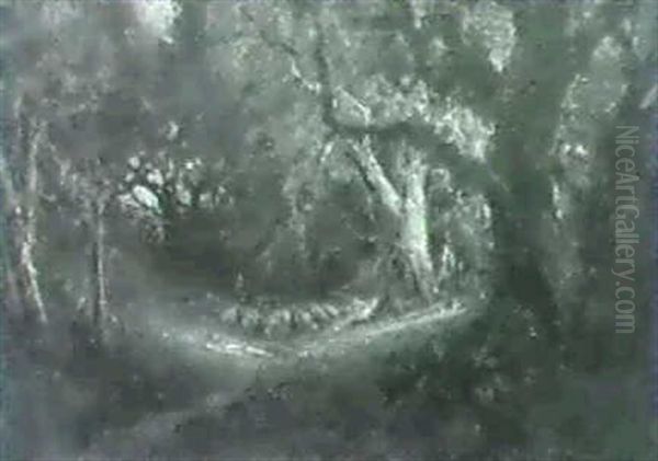 A Shepherd With His Flock In A Forest Clearing - view 1