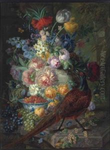 An Arrangement Of Tulips, Roses, Irises, Narcissus, Grapes, White Currants, A Peach And A Strawberry, With A Pheasant And A Mouse By A Chinese Bowl An Arrangement Of Tulips, Roses, Irises, Narcissus, Grapes, White Currants, A Peach And A Strawberry, With A Pheasant And A Mouse By A Chinese Bowl
