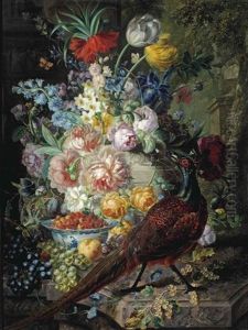 An Arrangement Of Tulips, Rozes, Irises, Narcissus, Grapes, White Currants, A Peach And A Strawberry, With A Pheasant And A Mouse By A Chinese Bowl... An Arrangement Of Tulips, Rozes, Irises, Narcissus, Grapes, White Currants, A Peach And A Strawberry, With A Pheasant And A Mouse By A Chinese Bowl...