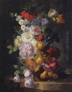 Roses, Parrot Tulips, An Iris, Morning Glory And Other Flowers In A Sculpted Vase On A Ledge, A Fountain And Trees Beyond