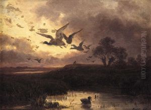 Auffliegende Ganse, Im Hintergrund Ein Jager by Gusztav Keleti