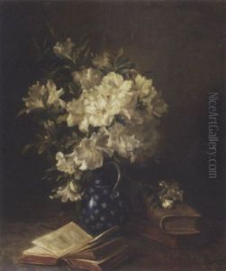 A Still Life With Rhododendrons In A Jug And Books by Hendrika Wilhelmina Van Der Kellen
