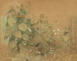 "gartenstuck Mit Grosser Und Kleineren Sonnenblumen, Malven Undanderen Blumen" by Paul Baum