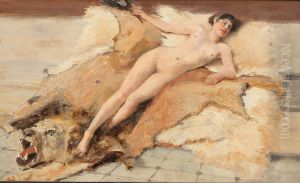 Female Nude On A Lion Pelt by Albert von Keller