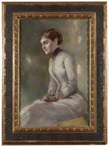 Die Frau Des Kunstlers, Irene Von Keller, Im Weisen Kleid, Sitzend, Nach Links by Albert von Keller