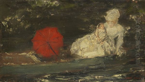 Frau Und Kind Im Freien Mit Rotem Parasol - view 1