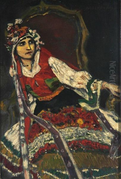 Frau In Ungarischer Tracht Auf Sessel Sitzend - view 1