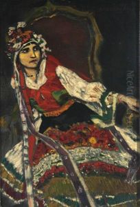 Frau In Ungarischer Tracht Auf Sessel Sitzend by Albert von Keller
