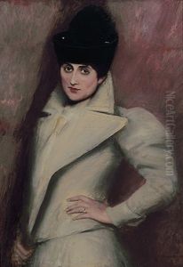 Portrait Einer Dame Mit Weisem Kostum Und Extravagantem Hut Portrait Einer Dame Mit Weisem Kostum Und Extravagantem Hut