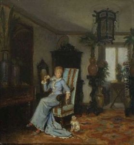 Sitzende Dame Mit Katzchen Im Salon