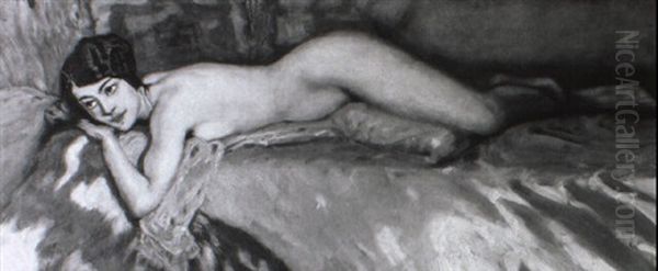Weiblicher Akt Auf Einem Bett Lagernd - view 1