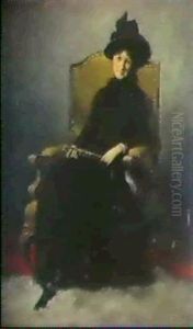Sitzende Junge Frau In Schwarzem Kleid Mit Schwarzem Hut Und Facher by Albert von Keller