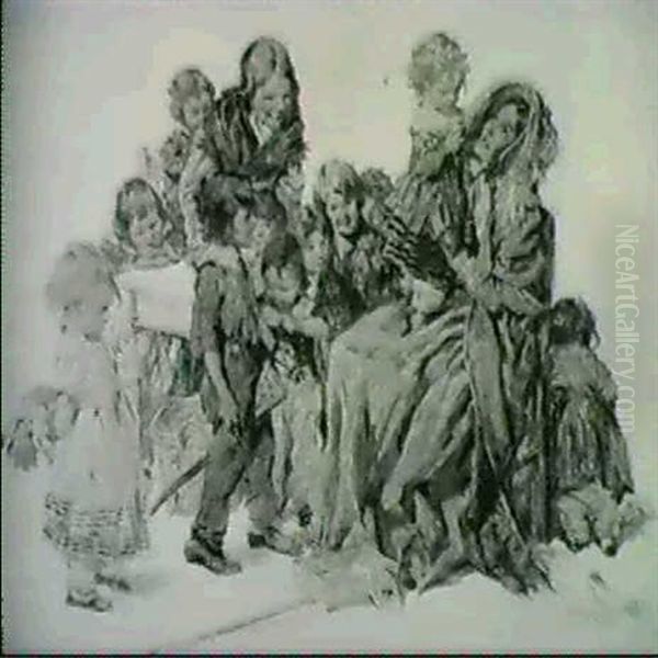 Woman In Crowd Of Children - view 1