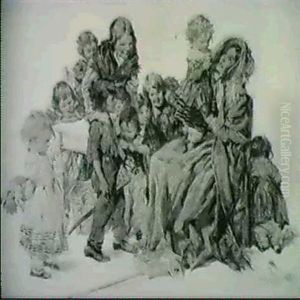 Woman In Crowd Of Children by Arthur Ignatius Keller