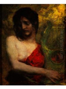Halbakt Einer Jungen Frau In Rotem Kleid Mit Lyra by Ferdinand Keller