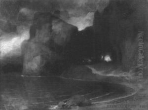 Kustenlandschaft Mit Loderndem Feuer In Einer Kleinen Hohle by Ferdinand Keller