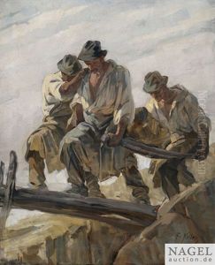 Drei Steinbrucharbeiter Mit Grosem Felsbrocken Beim Uberqueren Eines Schmalen Stegs by Friedrich von Keller