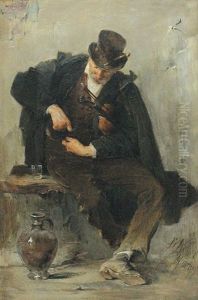 Auf Einer Bank Rastender Geiger, Zu Seinen Fusen Ein Weinkrug by Friedrich von Keller