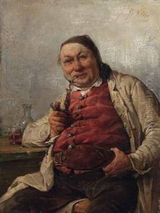 Pfeife Rauchender Bauer, Mit Breiter Geldkatze, Gemutlich Bei Einem Glas Wein Am Tisch Sitzend