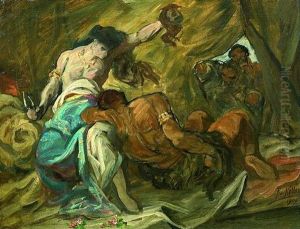 Samson Und Dalila. Triumphierend Zeigt Dalila Samsons Abgeschnittene Haare Wahrend Soldaten Das Gemach Ersturmen by Friedrich von Keller