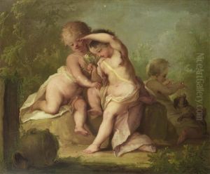 Putti Playing With A Bird And A Dog by Johann-Heinrich Keller