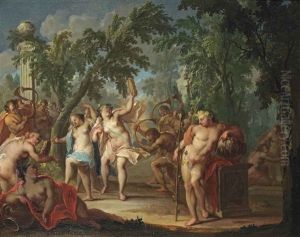 A Bacchanal In A Wooded Landscape With Nymphs Dancing And Satyrs Blowing Horns