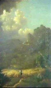 Berglandschaft Mit See Und Wanderer Vor Einem Kornfeld